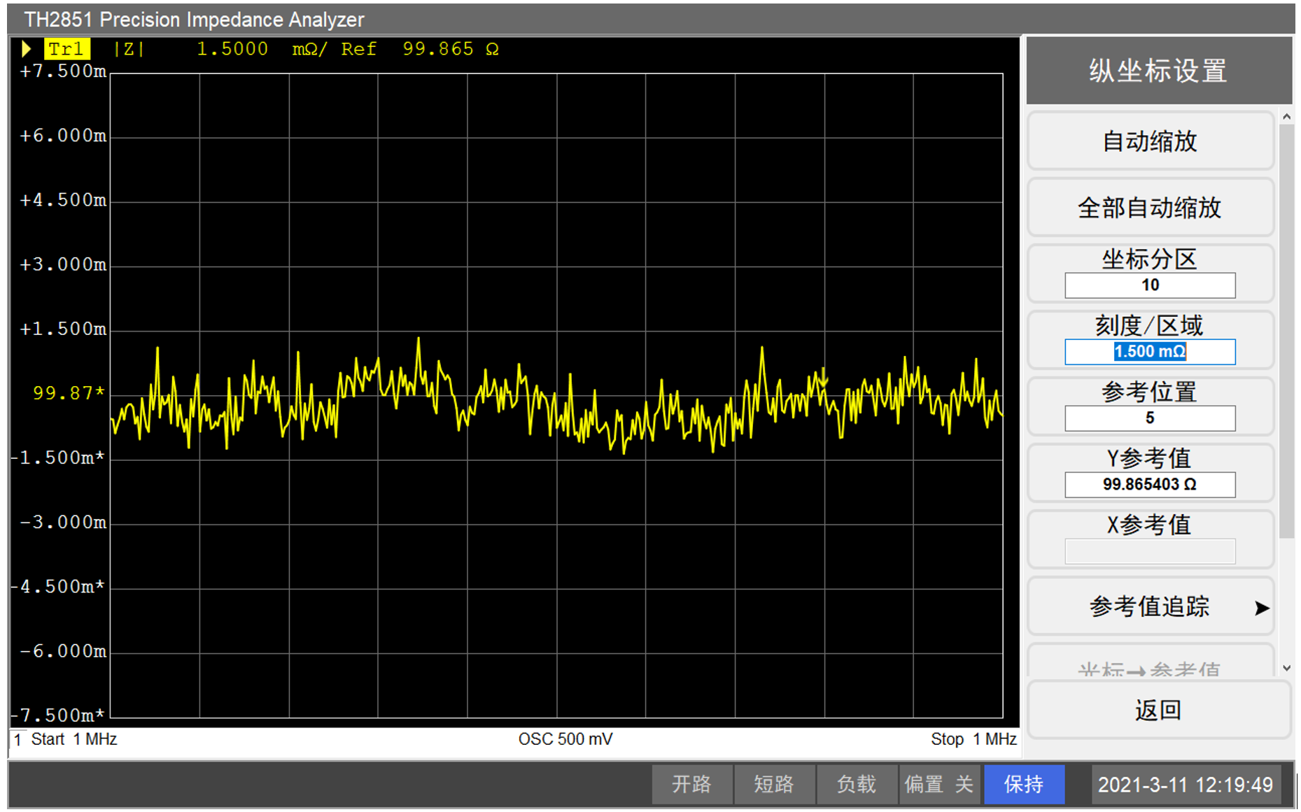 在速度5、测试频率1MHz，测量100Ω电阻的曲线