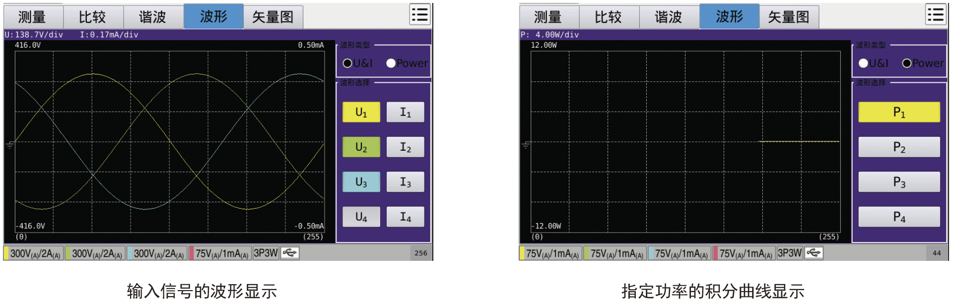 基本的输入信号的波形显示功能以及积分功率的波形显示