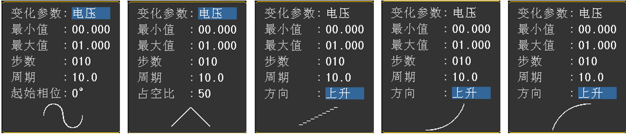 支持列表模板，内置了正弦波、三角波、阶梯波、指数、对数等波形模板，具体变化参数