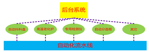 系统由自动抖料盘、极性矫正、预充电机(短路检测机)高温老化炉