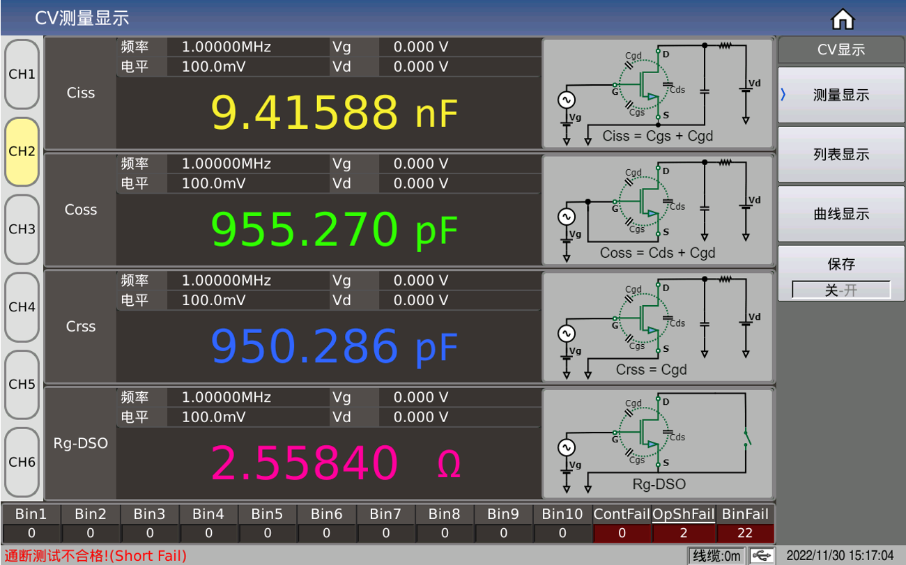 TH510系列半导体C-V特性分析仪提供了快速通断测试(OP_SH)功能,可用于直接判断器件本身导通性能