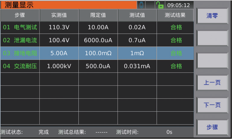 显示每个步骤设定值、测试值、判断结果