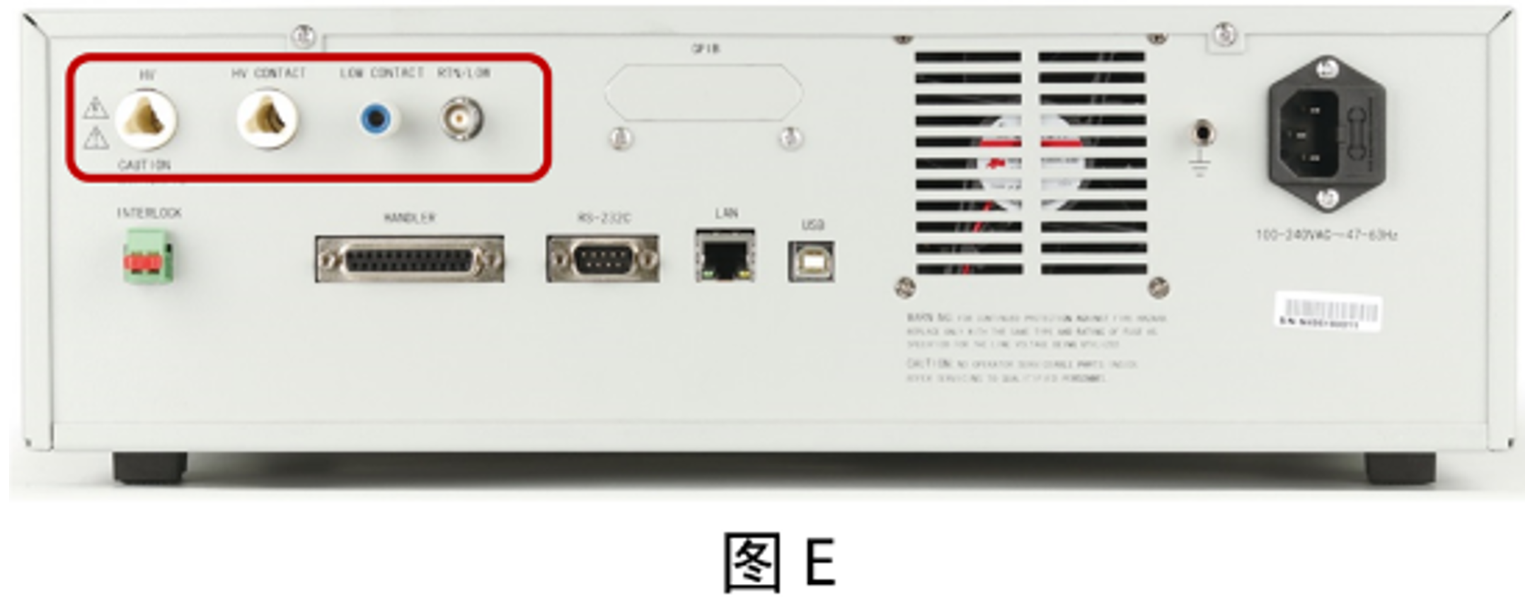 可在仪器后面板输出高压(图E)，自动化测试或系统集成接线更美观
