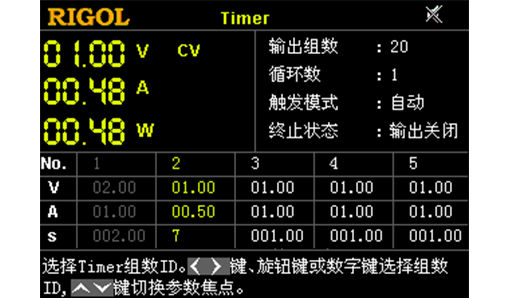 定时输出打开时，可以按照预先设置的定时器参数配置不同时段的电压和电流值