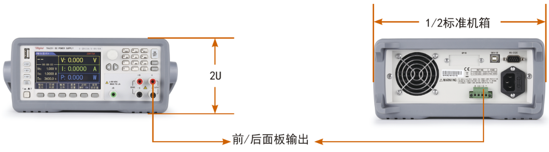 TH6200系列电源前后面板都可以输出，具有1/2标准机箱尺寸